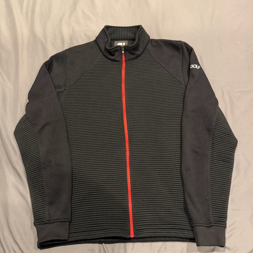 FootJoy Men’s L Black Full Zip Golf Jacket Red Trim Thermal Ribbed Polyester